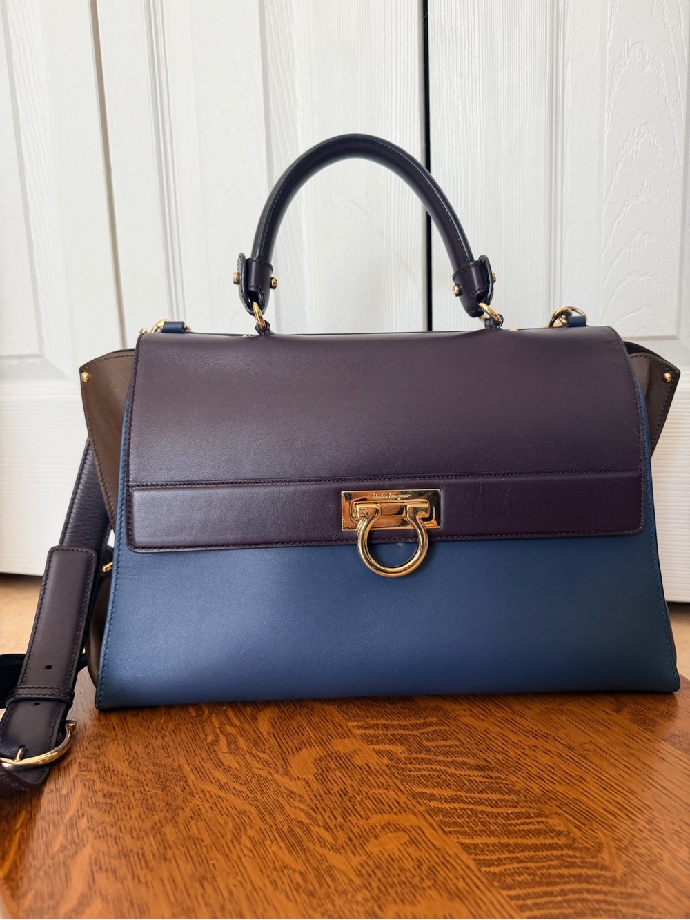 Salvatore Ferragamo Tricolor Blue Brown Leather Sofia Satchel and Shoulder Bag